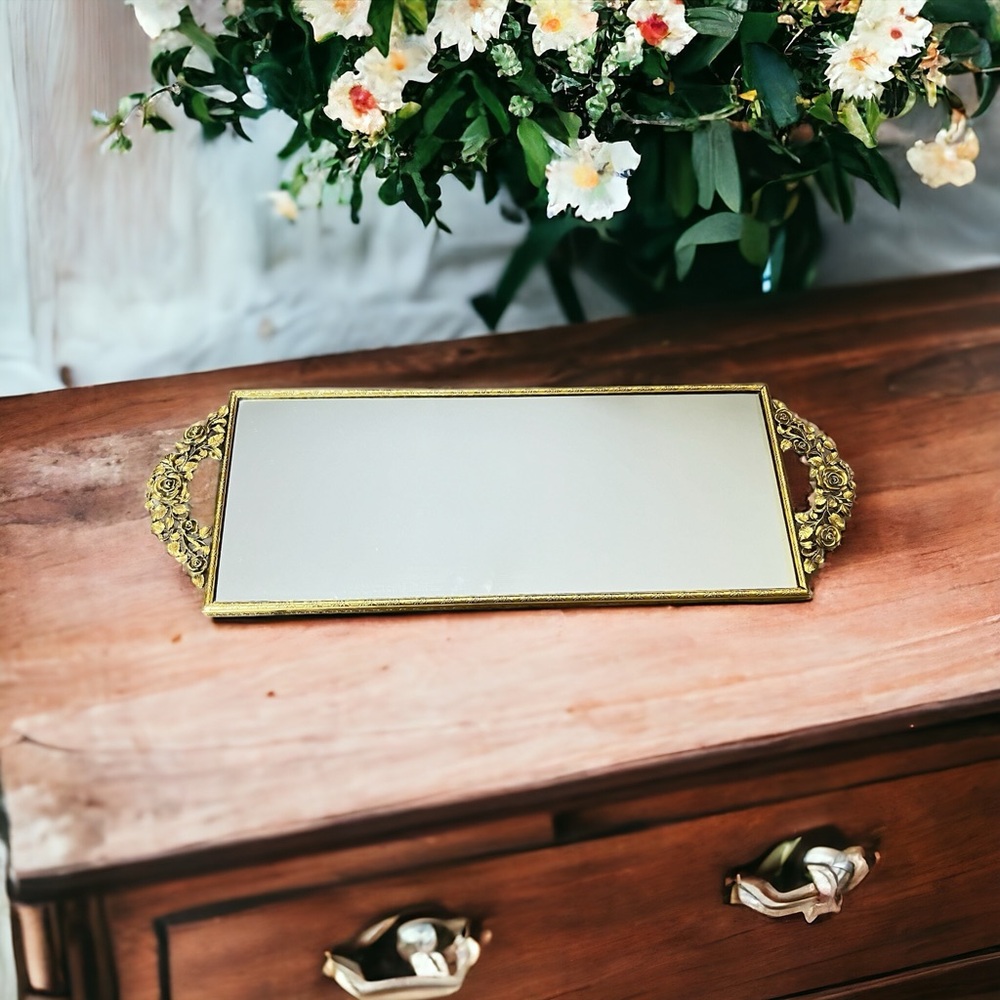 Vintage Matson 24k Gold Plated Rose Filigree Vanity Tray Dresser Home Decor